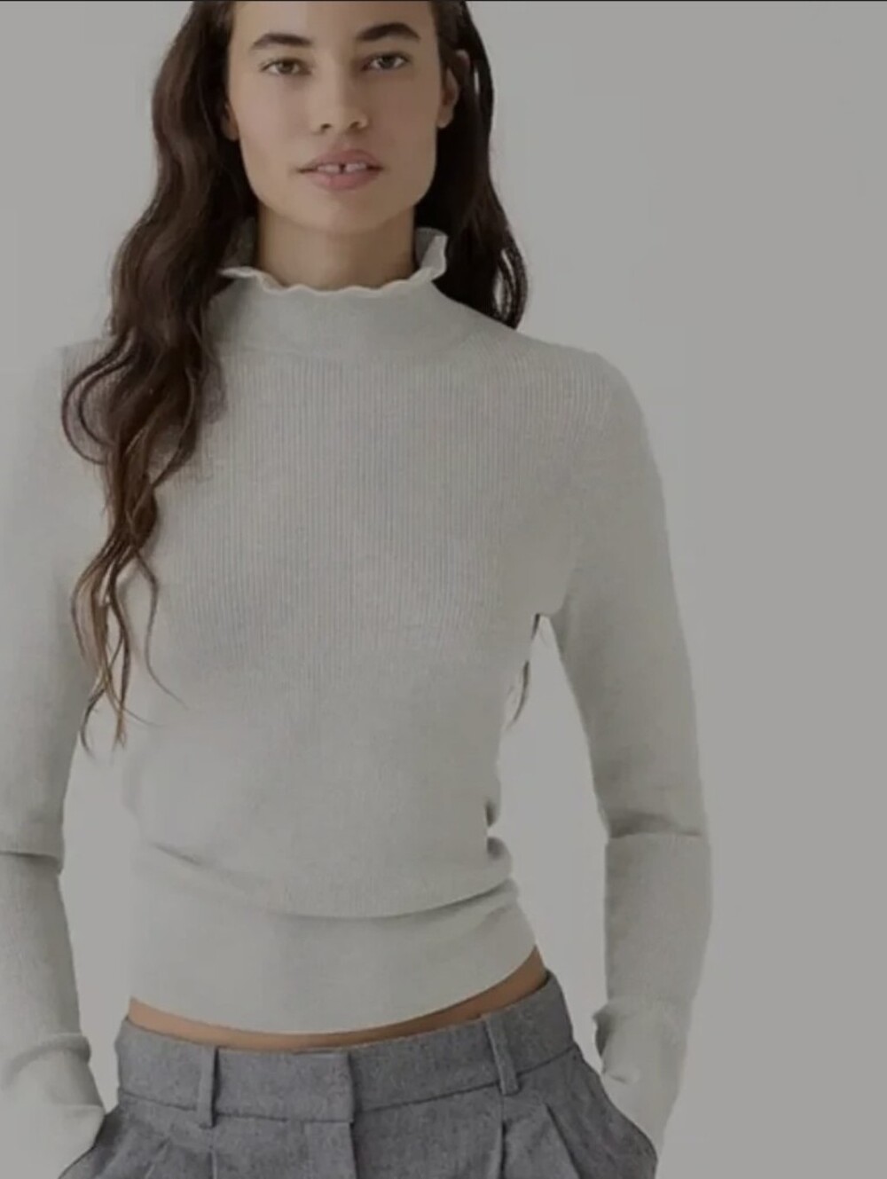 J. Crew Light Gray Ribbed Ruffle Turtleneck Sweater